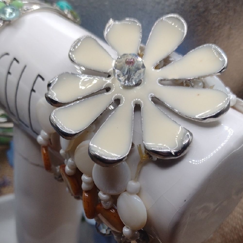 Silver and Cream Flower Statement Bracelet